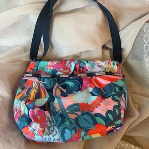 LeSportsac Tropical Crossbody/Shoulder Bag in Teal, Pink, Coral and Navy
